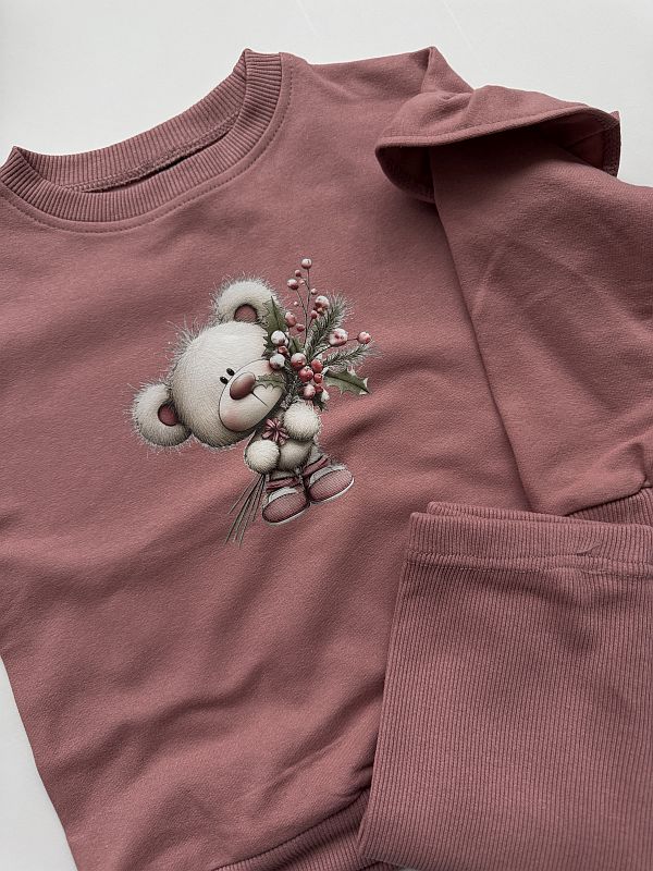 Komplet różowy bluza + getry prążek miś z gałązką rozmiar 92