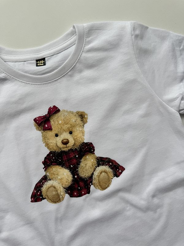 Koszulka biała z misiem w sukience 134