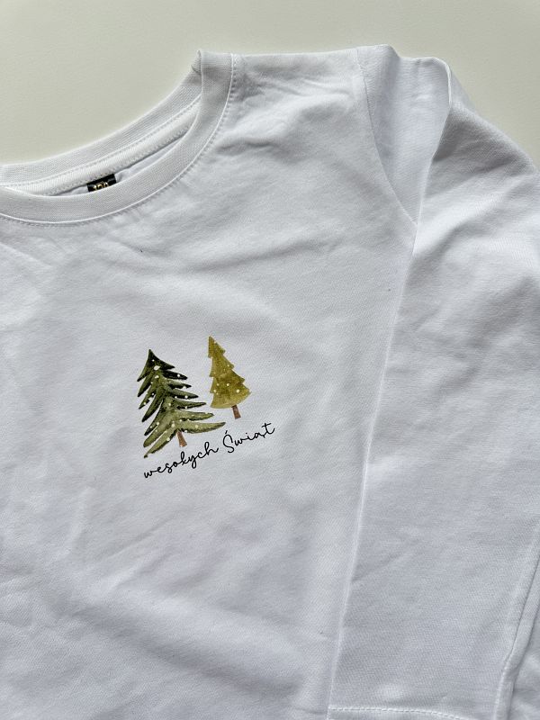 Koszulka biała z długim rękawem wesołych Świąt 128