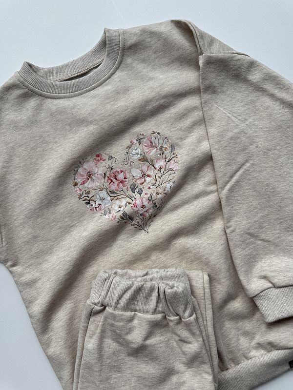 Komplet beż melanż bluza + spodnie dresowe kwiatowe serce rozmiar 122