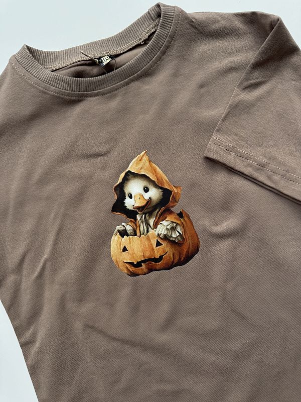 Koszulka kawowa krótki rękaw kaczka w dyni rozmiar 116