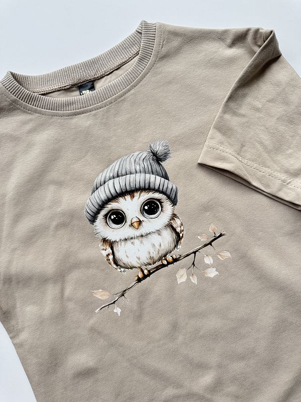Koszulka beżowa krótki rękaw sowa rozmiar 116