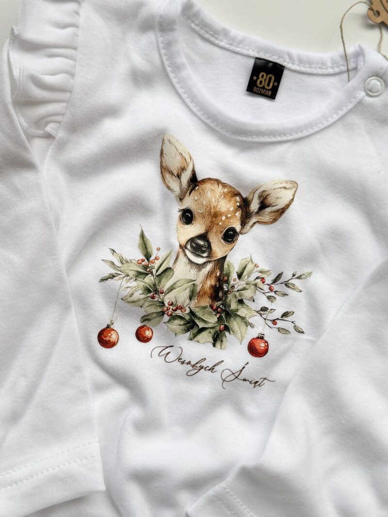 Body białe z falbankami z długim rękawem z sarenką rozmiar 80