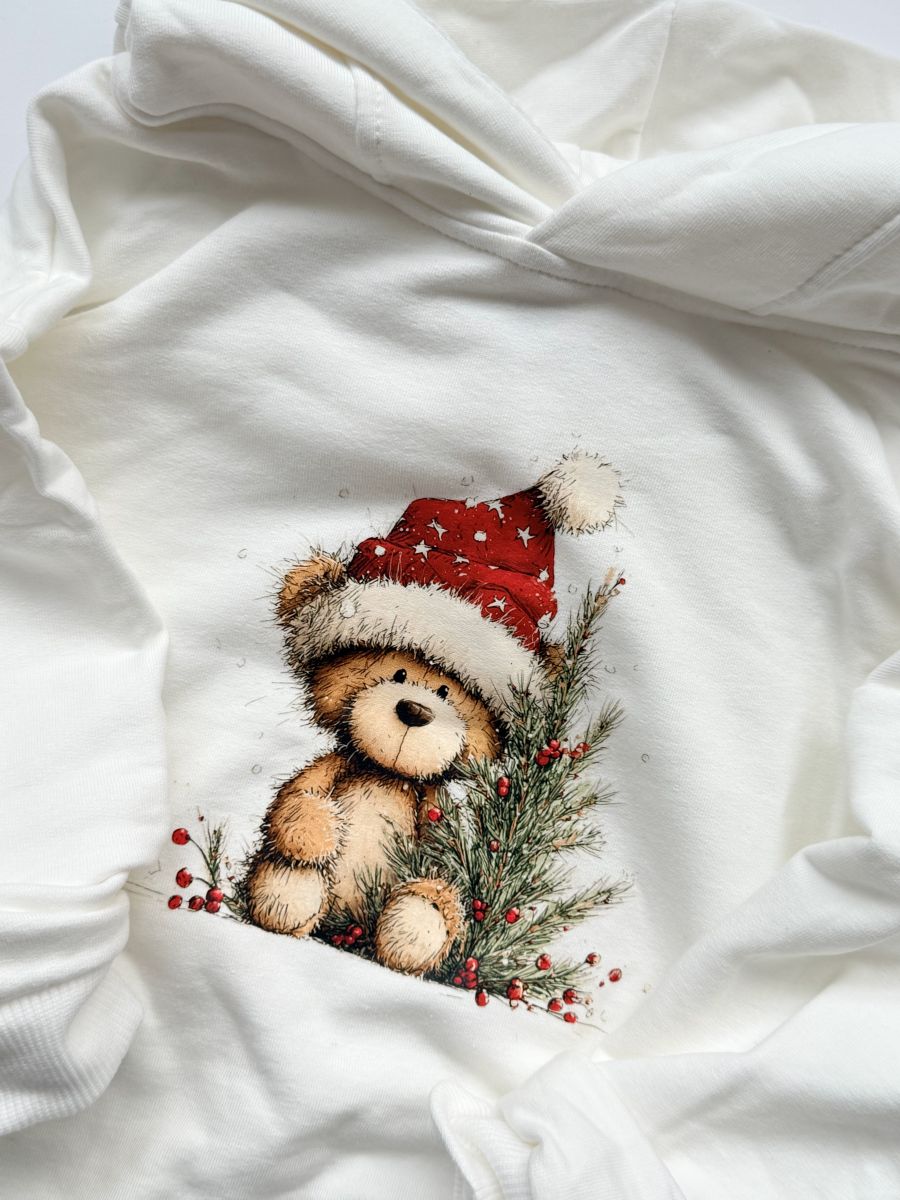 Bluza ecru z kapturem z misiem z choinką rozmiar 104