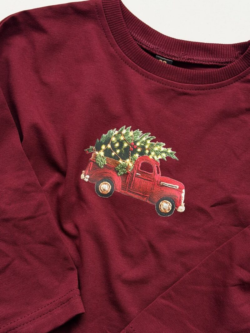 Koszulka bordowa z długim rękawem z autkiem z choinką rozmiar 98