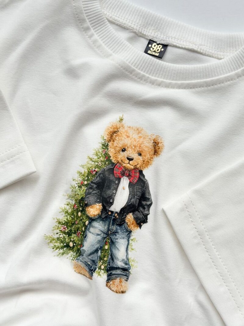 Koszulka ecru z misiem z choinką rozmiar 98