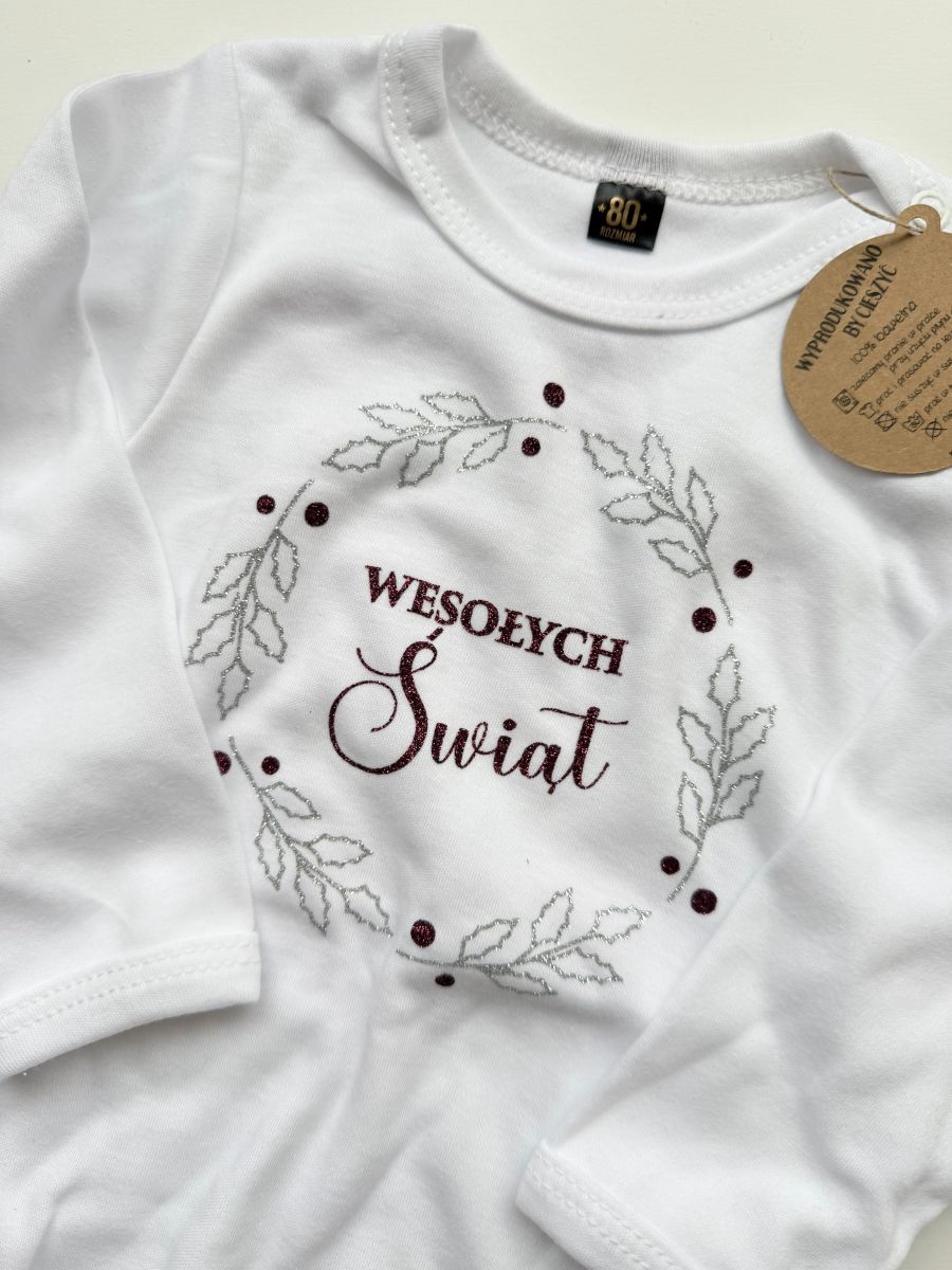 Body z długim rękawem wesołych świąt w wieńcu rozmiar 80