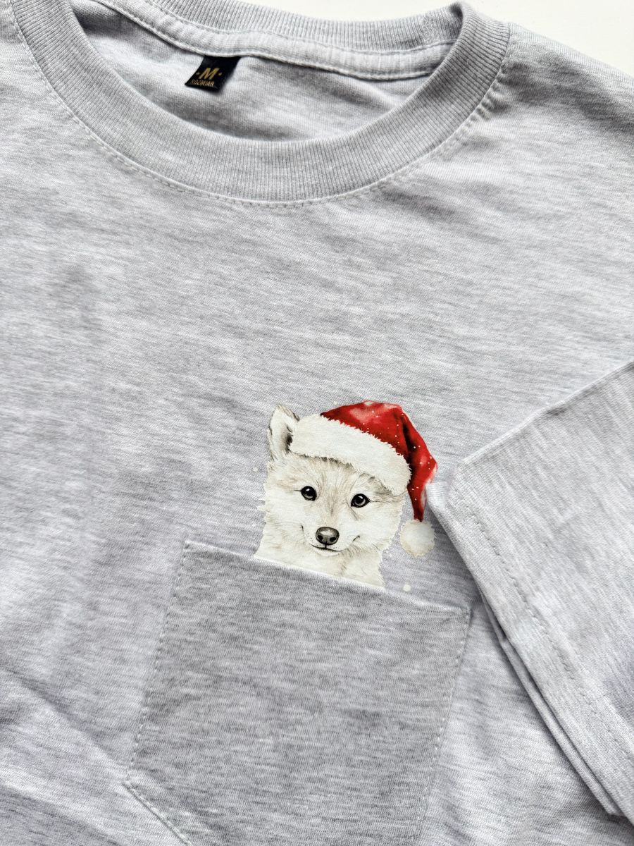 Koszulka szara męska z wilkiem w kieszonce rozmiar M