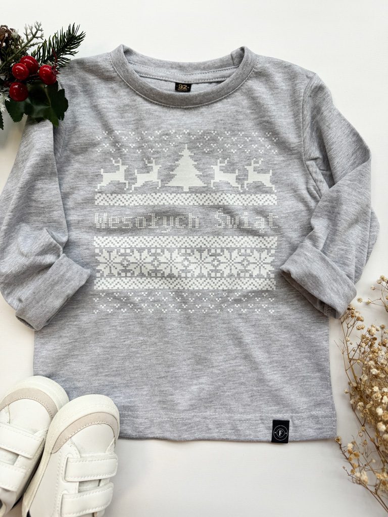 Szara koszulka/body z nadrukiem świątecznego sweterka