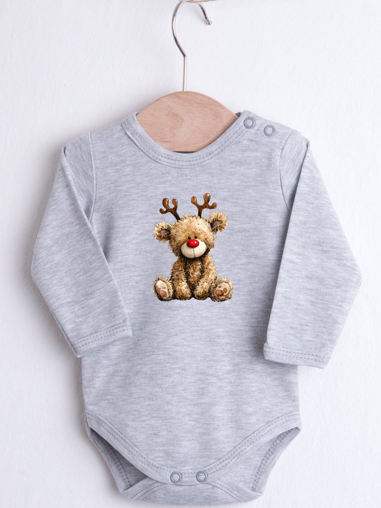 Szara koszulka/body pluszowy misio reniferek