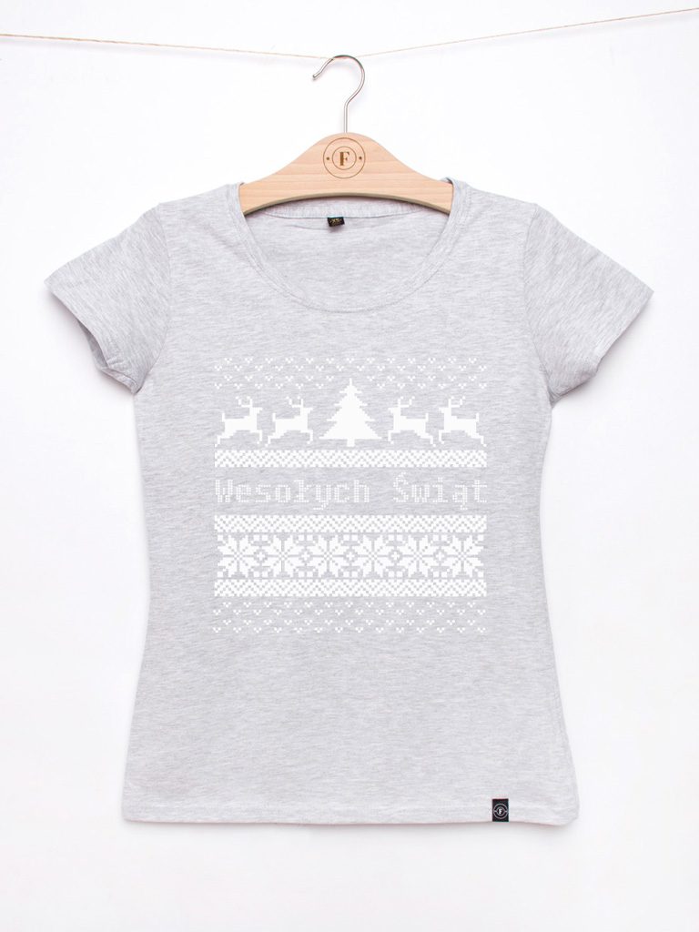 Szara koszulka damska ze świątecznym nadrukiem sweterka