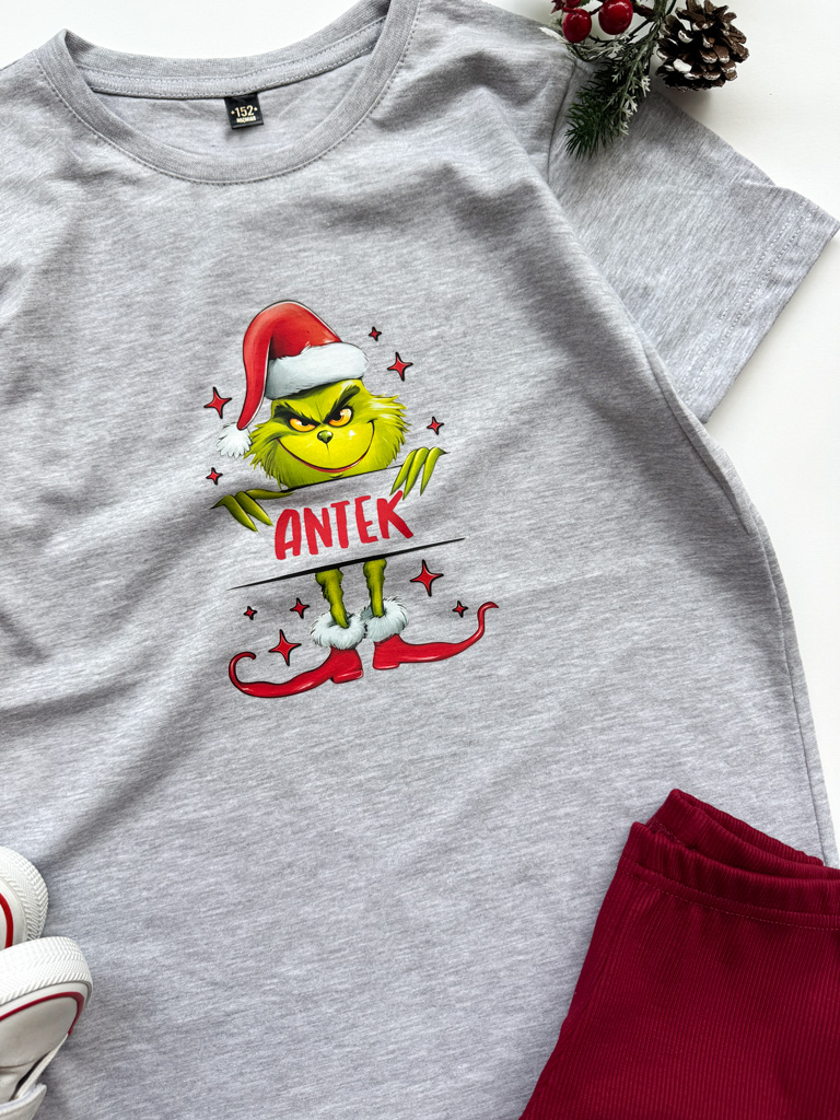 Szara koszulka/body ze świątecznym nadrukiem i imieniem