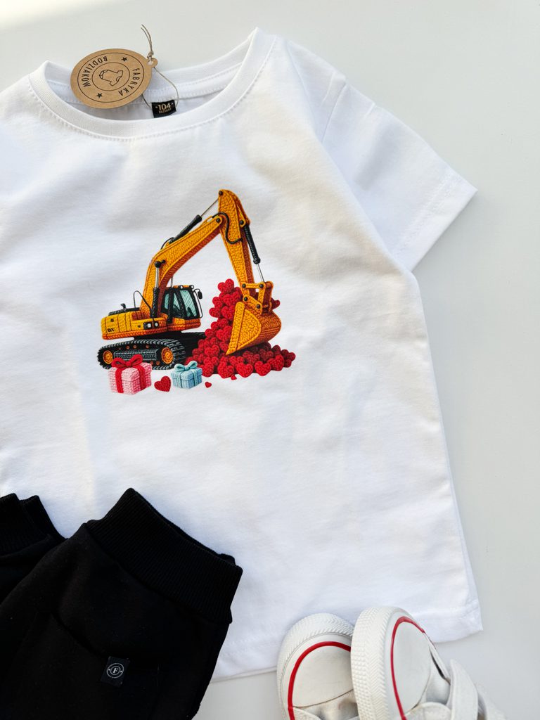 Koszulka dla dziecka z nadrukiem koparki z serduszkami