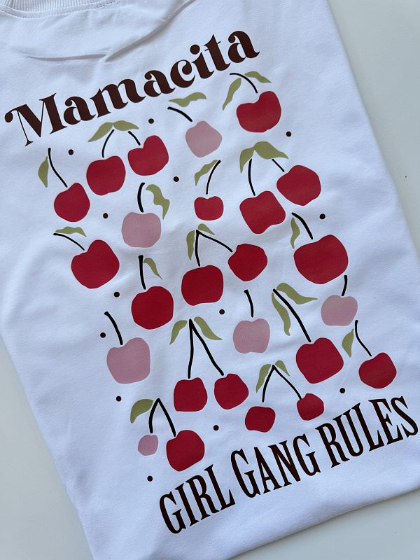 Koszulka biała damska mamacita wisienki na plecach rozmiar oversize long