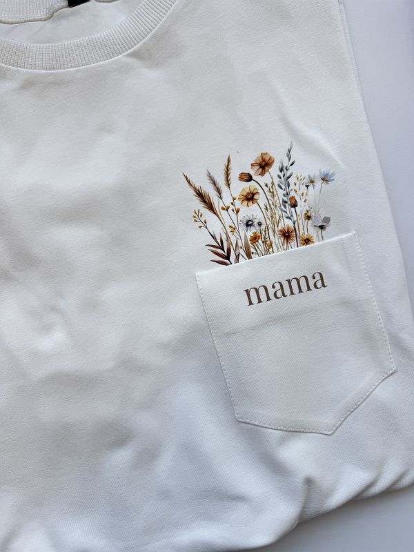 Koszulka ecru damska kwiaty w kieszonce rozmiar oversize long