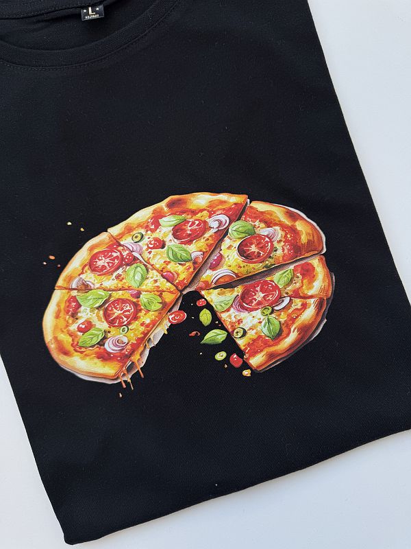 Koszulka męska czarna z nadrukiem pizzy rozmiar L