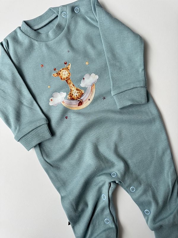 Pajac bez stópek niebieski żyrafa na tęczy rozmiar 56