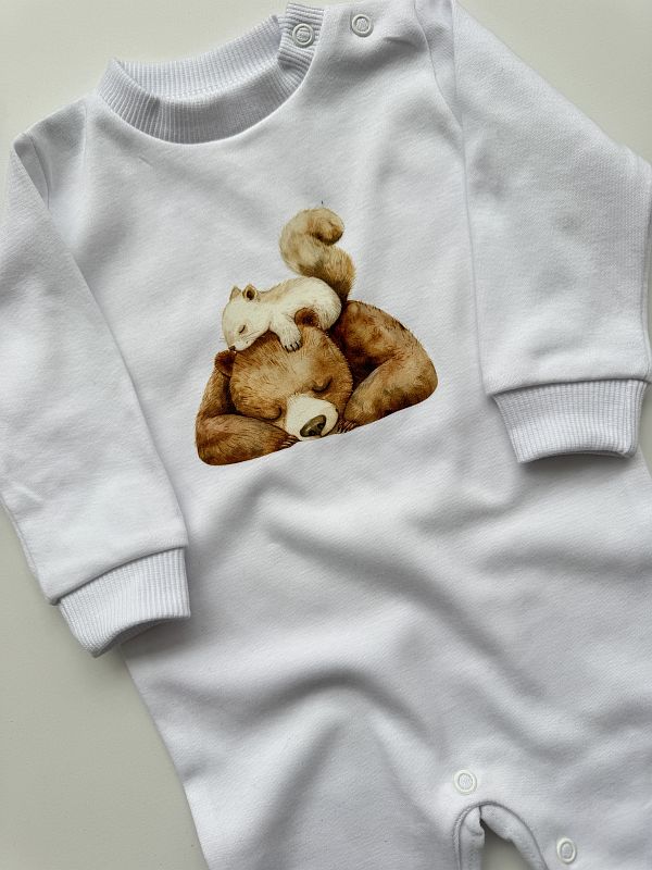 Pajac bez stópek biały miś z wiewiórką rozmiar 62