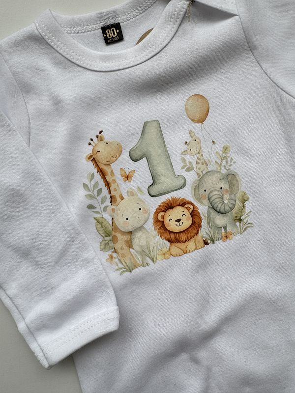 Body białe długi rękaw na 1 urodziny ze zwierzątkami rozmiar 80