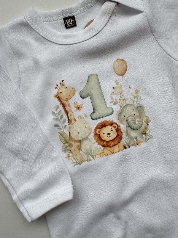 Body białe długi rękaw na 1 urodziny ze zwierzątkami rozmiar 80