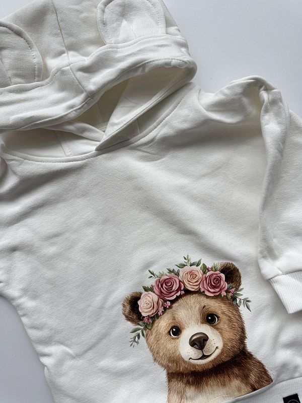 Bluza ecru z kapturem miś w wianku rozmiar 86