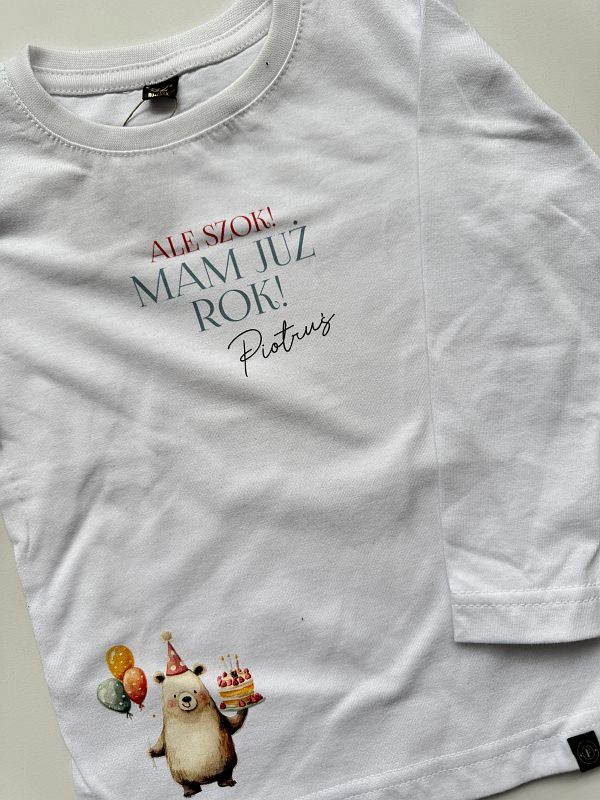 Koszulka biała długi rękaw ale szok mam już rok Piotruś rozmiar 92
