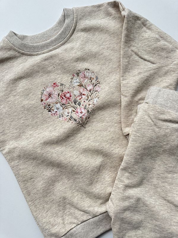 Komplet beż melanż bluza + spodnie dresowe kwiatowe serce rozmiar 98