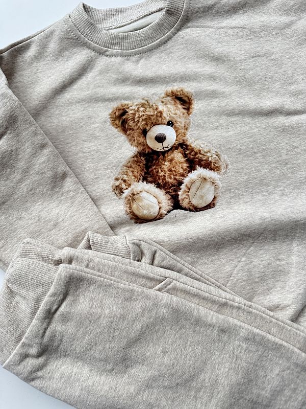 Komplet beż melanż bluza + spodnie dresowe pluszowy misio rozmiar 98