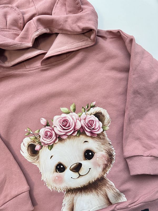 Bluza różowa z kapturem miś w wianku rozmiar 104