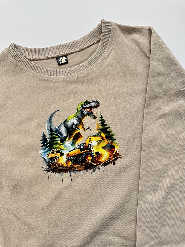 Koszulka beżowa długi rękaw dinozaur i koparka rozmiar 110