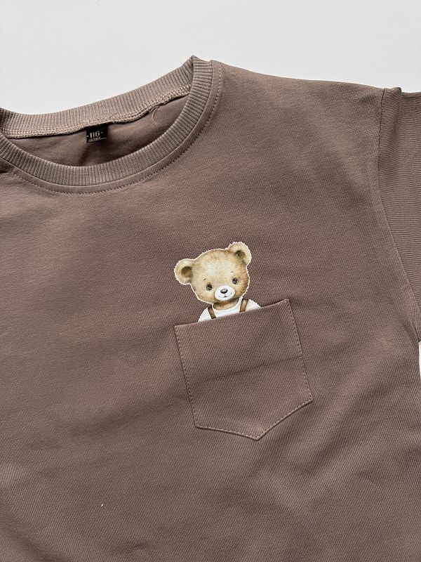 Koszulka kawowa krótki rękaw miś w kiesznce rozmiar 116