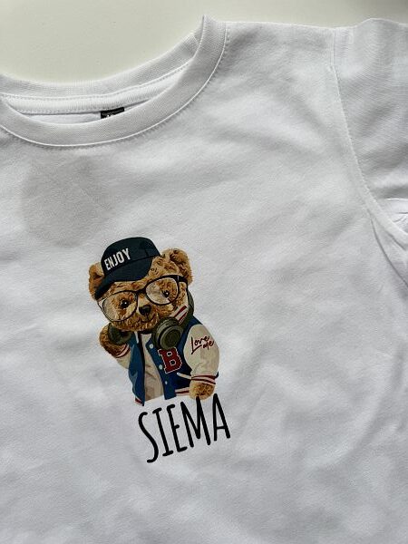 Koszulka biała krótki rękaw misio siema rozmiar 122