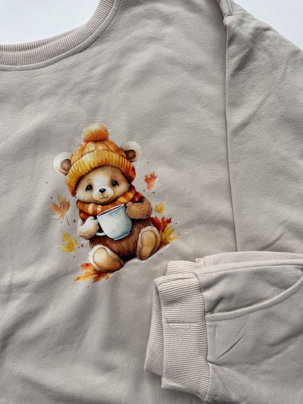 Komplet beżowy bluza + spodnie dresowe miś z kubkiem rozmiar 122