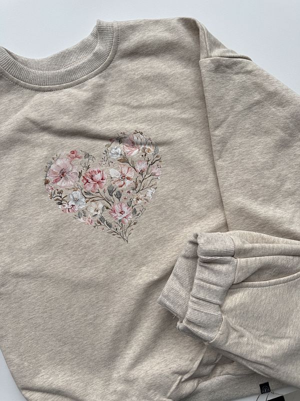Komplet beż melaż bluza + spodnie dresowe kwiatowe serce rozmiar 122
