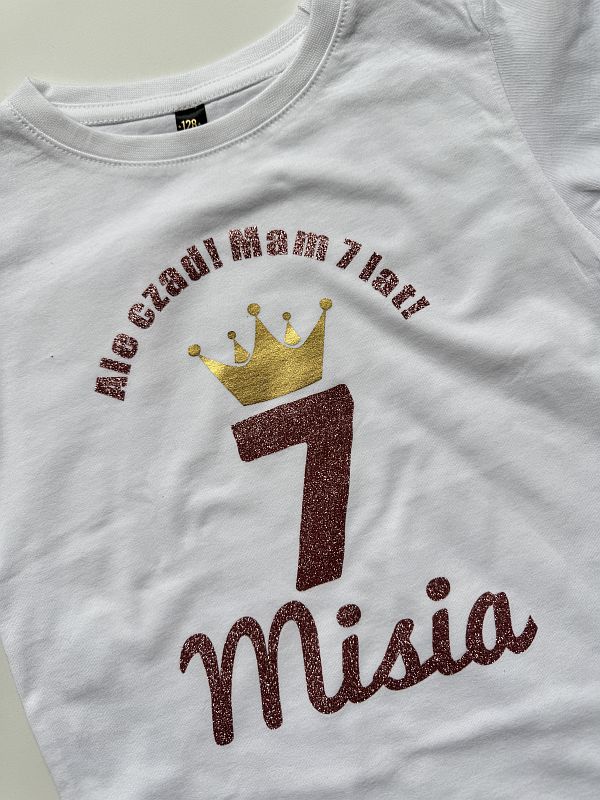 Koszulka biała krótki rękaw ale czad mam 7 lat Misia rozmiar 128