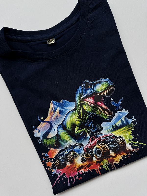 Koszulka granatowa krótki rękaw dinozaur rozmiar 146