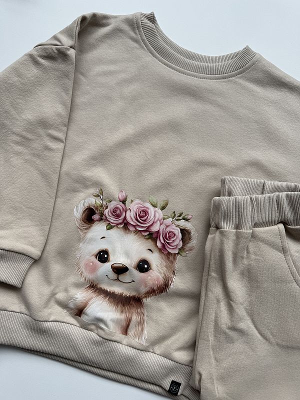 Komplet beżowy bluza + spodnie dresowe miś w wianku rozmiar 110