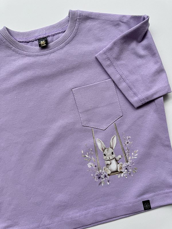 Koszulka liliowa krótki rękaw królik na huśtawce rozmiar 86