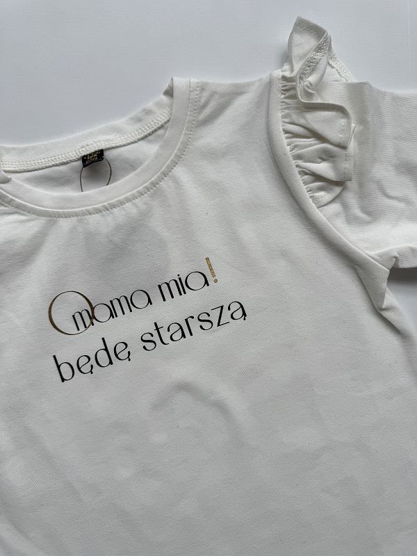 Koszulka ecru krótki rękaw mama mia będę starszą siostrą rozmiar 122