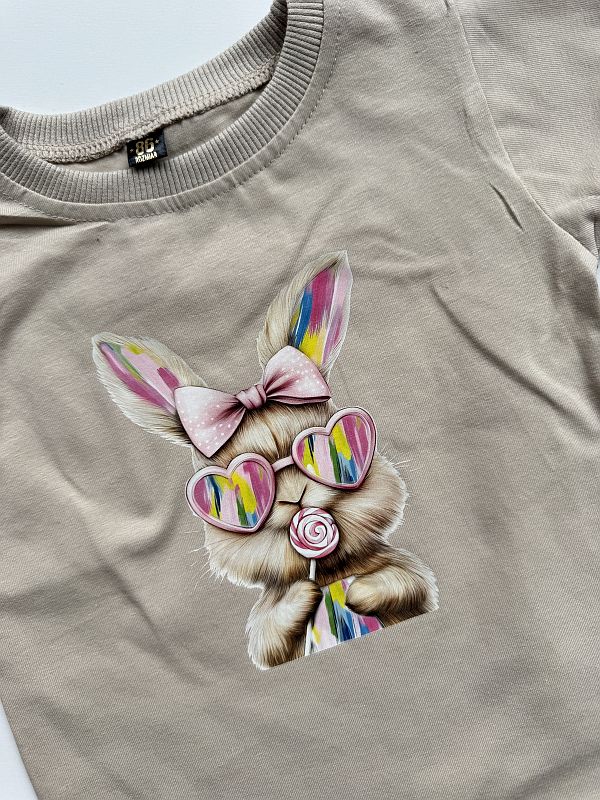 Koszulka beżowa krótki rękaw królik z lizakiem rozmiar 86