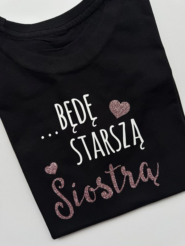 Koszulka czarna krótki rękaw nadruk dwustronny mam sekret będę starszą siostrą rozmiar 134