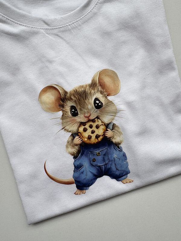 Koszulka biała krótki rękaw myszka z ciastkiem rozmiar 164