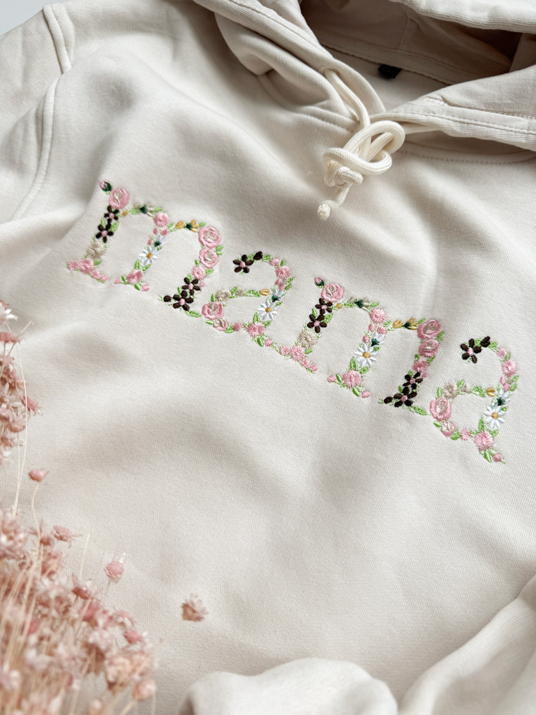 Bluza z kapturem jasny beż z kolorowym haftem mama