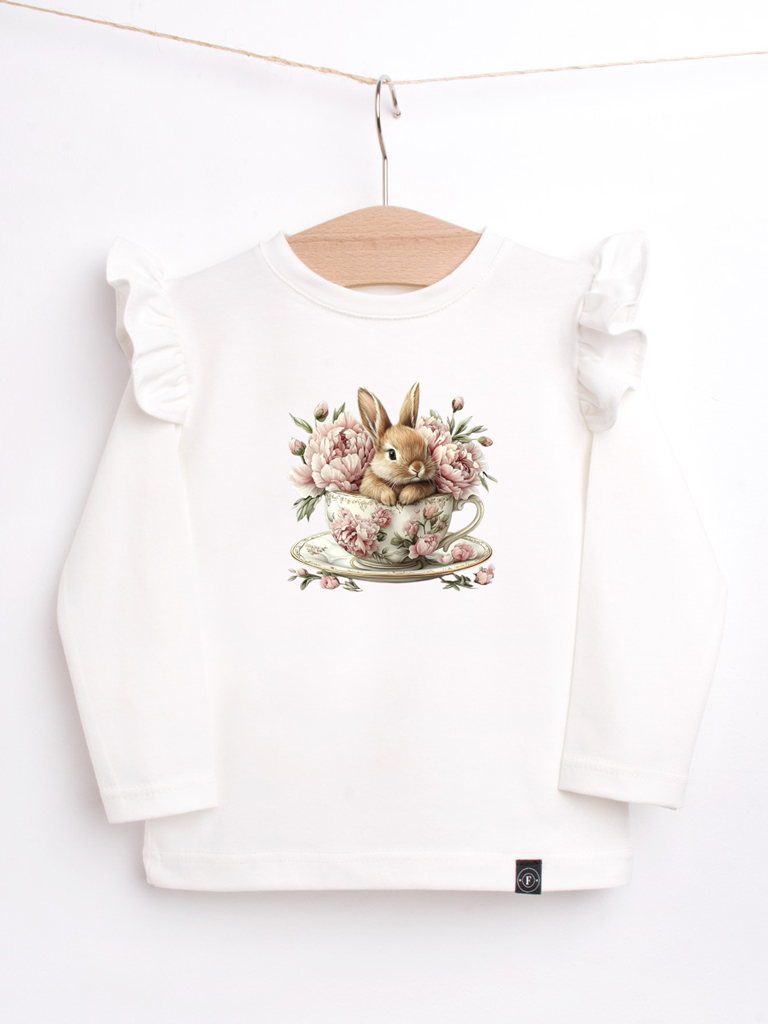 Koszulka z falbankami przy rękawach zajączek w filiżance