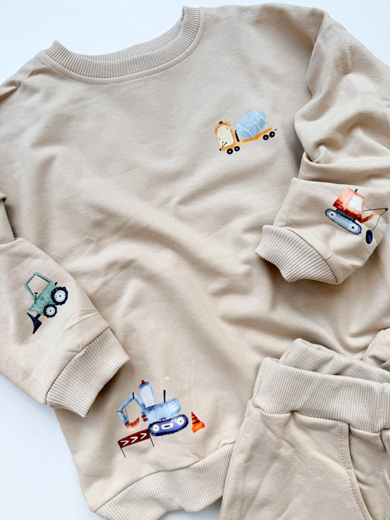 Komplet dla dziecka z nadrukiem maszyn budowlanych (bluza + spodnie)