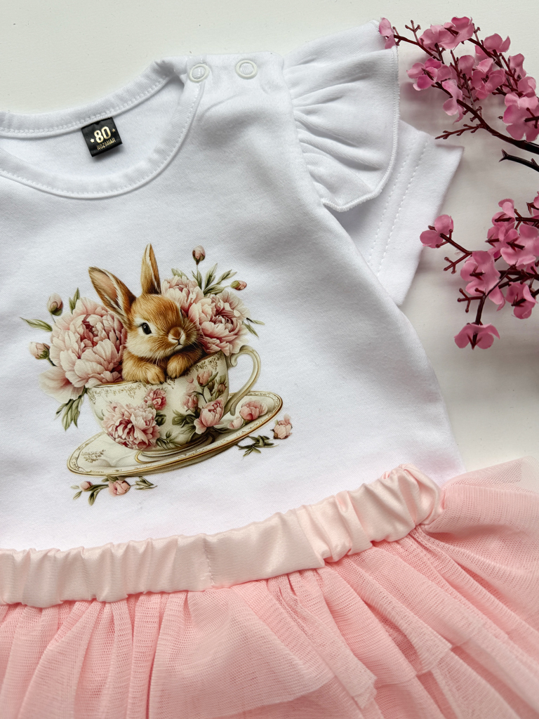 Body niemowlęce z falbankami przy rękawach zajączek w filiżance