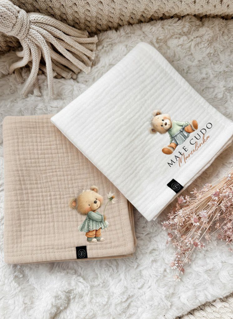 2pak pieluszek muślinowowych z nadrukiem misiów małe cudo