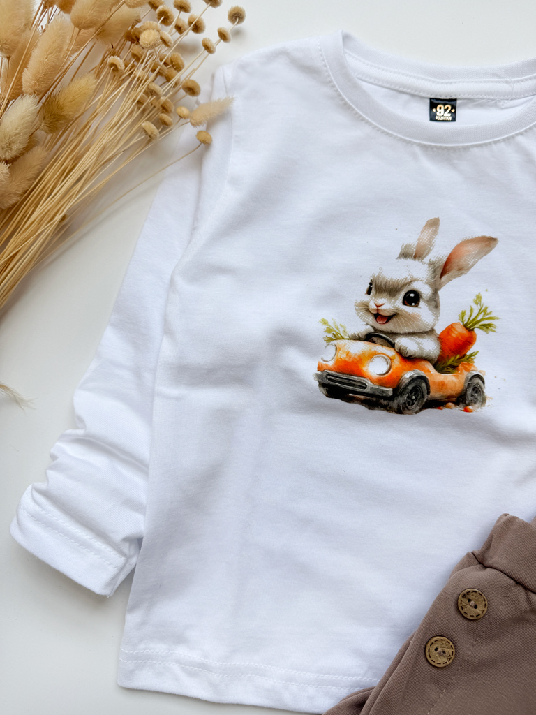 Koszulka dziecięca królik w aucie z marchewką