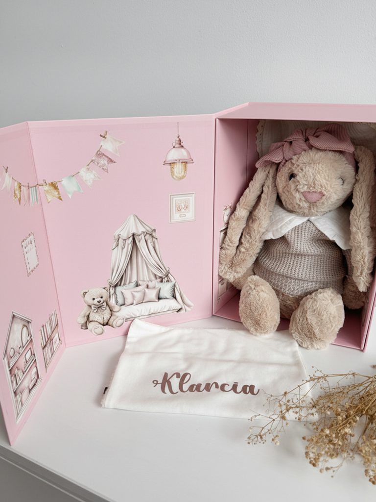 Maskotka króliczek beżowy w sweterku + różowe pudełko domek