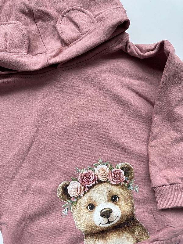 Bluza różowa z uszkami misia z nadrukiem misia rozmiar 92